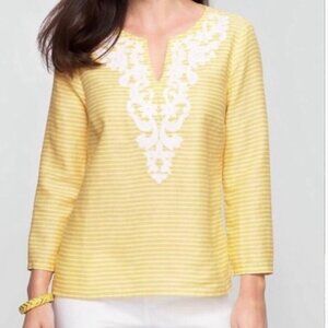 Talbots Linen Beaded Appliqué V- neck Top Yellow White Stripe Size S